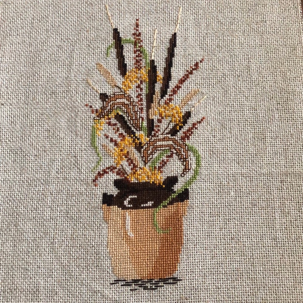 Completed Cross Stitch Fall Cattails Decor Flowers Bouquet Ready To Frame